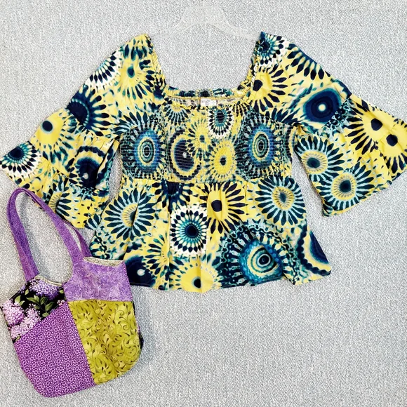 Terra & Sky Floral Blouse, Blue & Yellow Tie Dye, Womens Sz XL - Picture 3 of 9